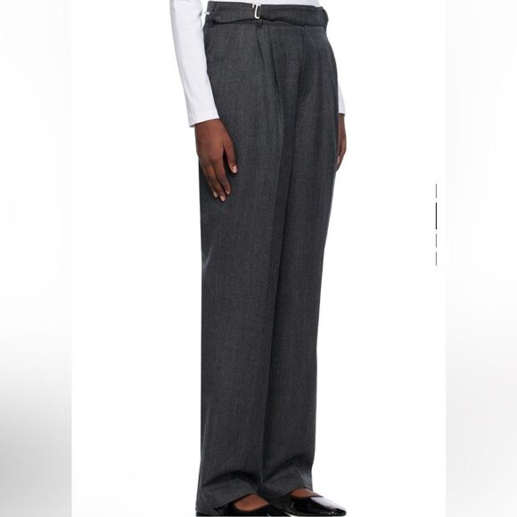 Ssense Lesugiatelier Gray Wool Blend Pleated Tuxedo Trousers w Box Chain Belt - Picture 1 of 11